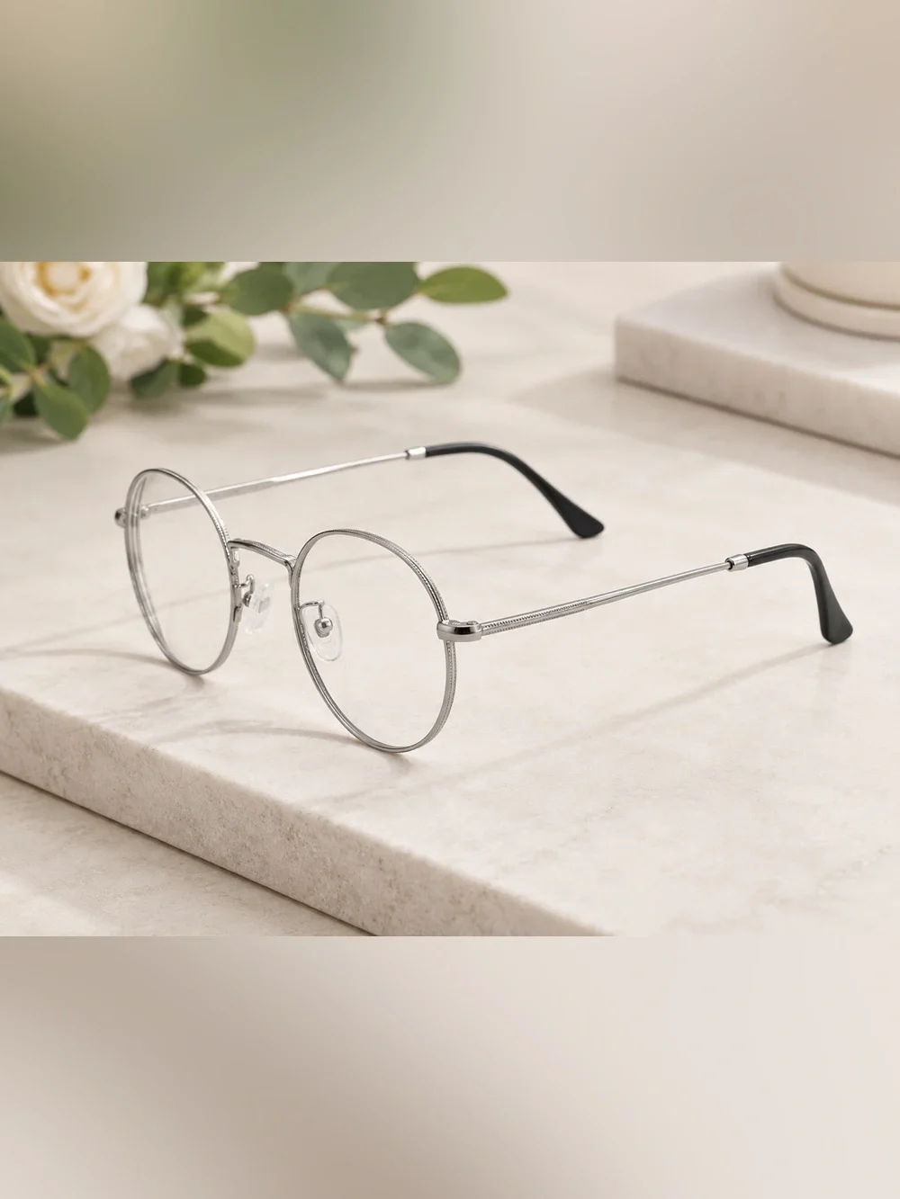 Maxiwinco Vintage Round Metal Clear Lens Fashion Glasses Silver Korean Style